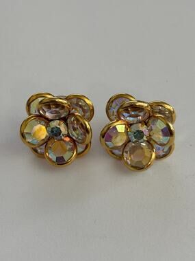 Vintage Flower Earrings Studs Aurora Borealis Bezel Set